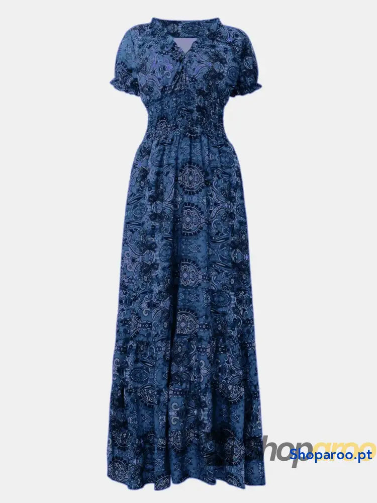 Full Size Smocked Printed V-Neck Short Sleeve Dress