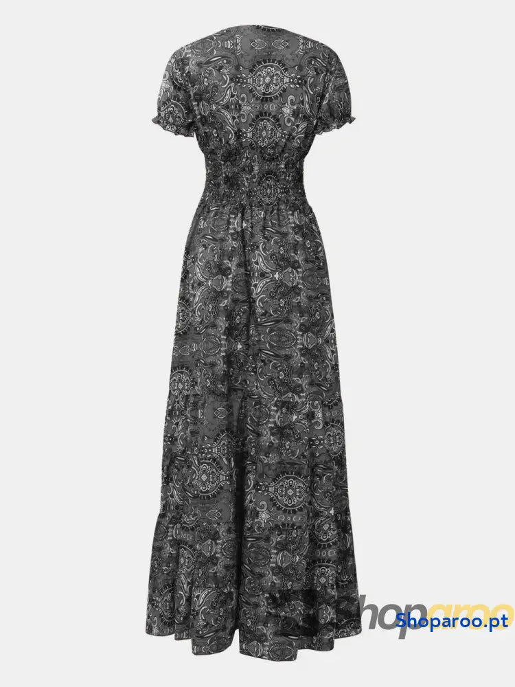 Full Size Smocked Printed V-Neck Short Sleeve Dress