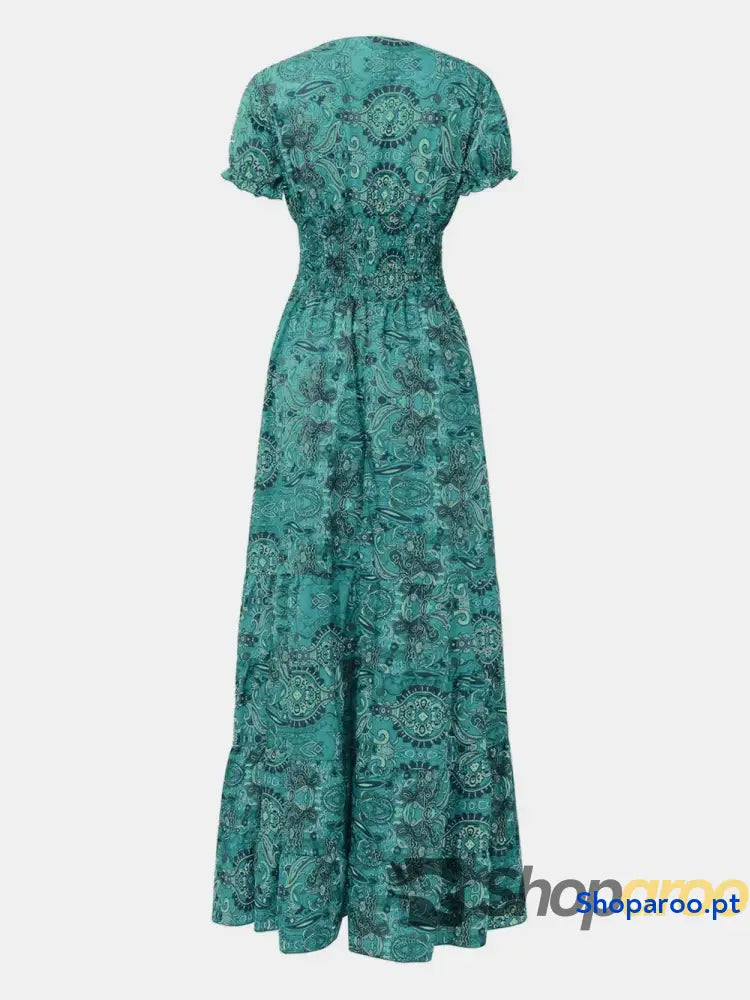 Full Size Smocked Printed V-Neck Short Sleeve Dress