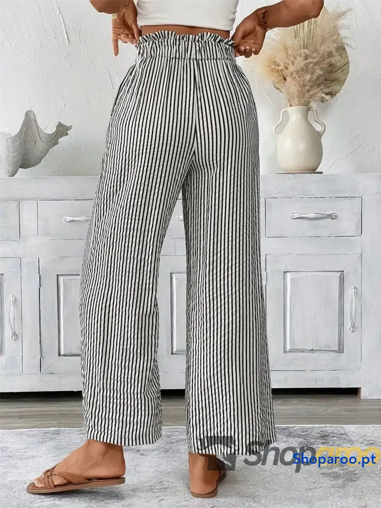 Full Size Striped Wide Leg Paper Bag Pants Plus