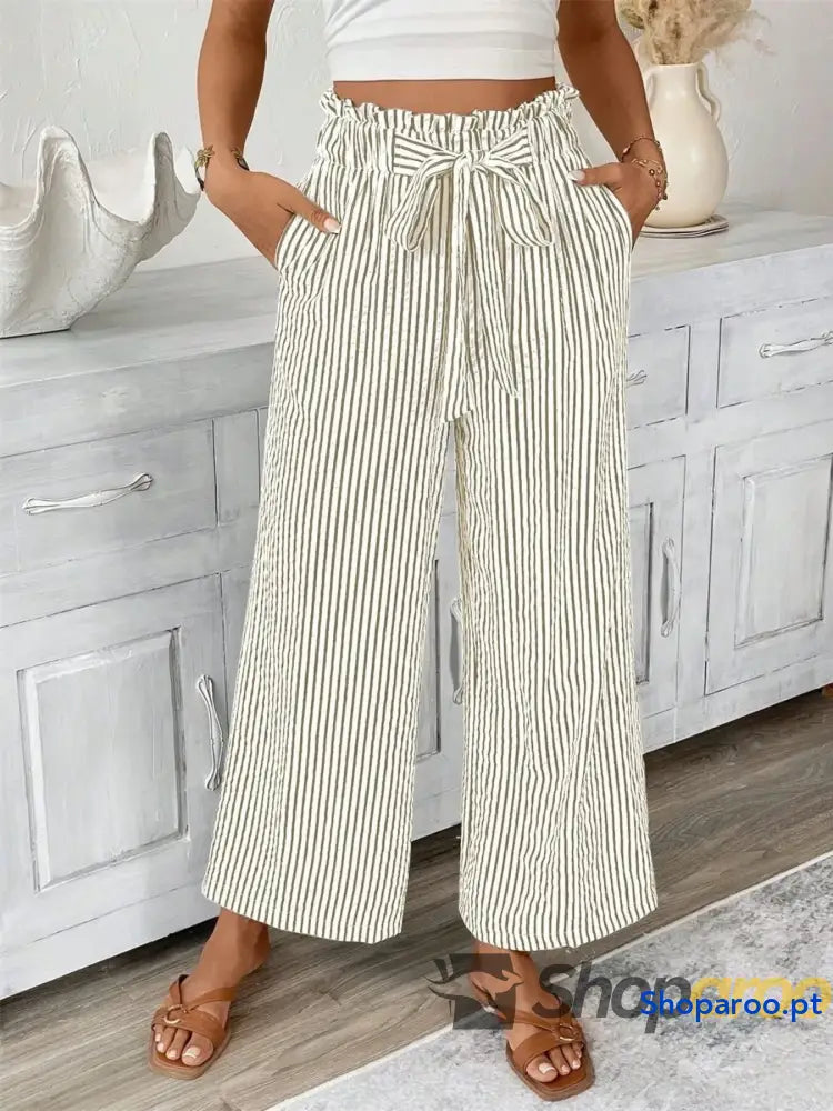 Full Size Striped Wide Leg Paper Bag Pants Plus