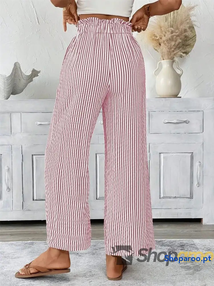 Full Size Striped Wide Leg Paper Bag Pants Plus