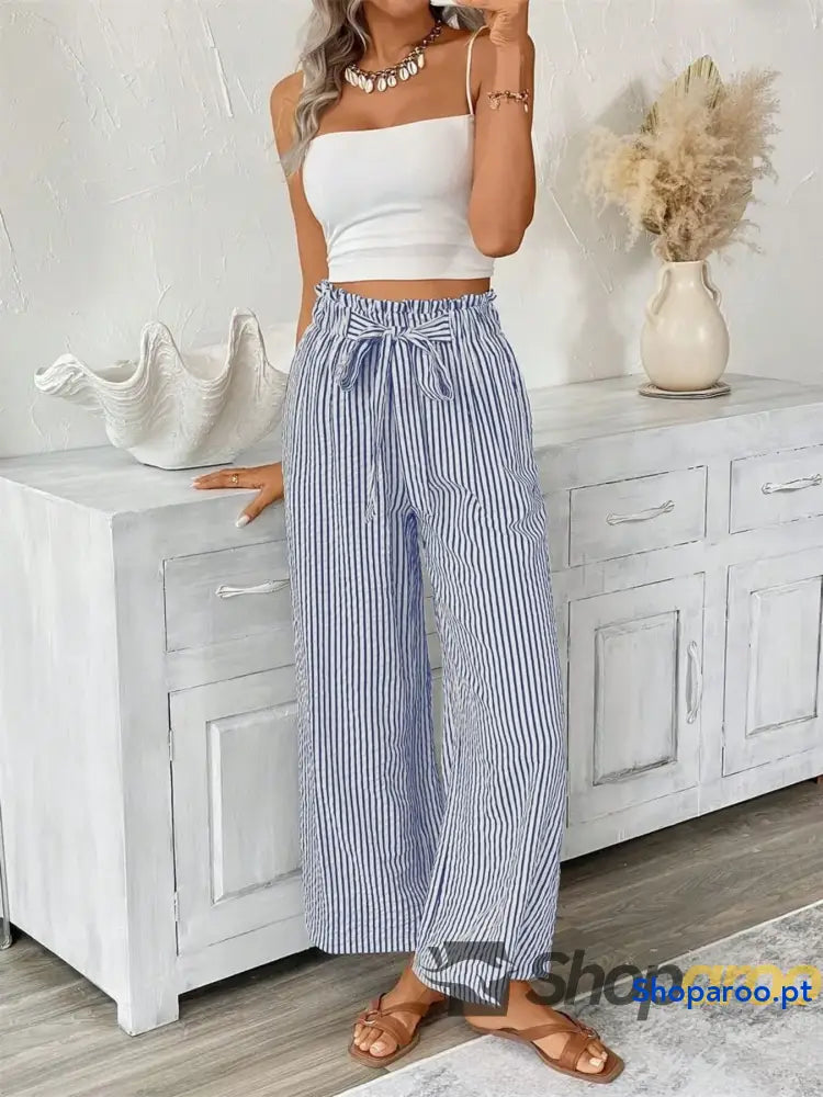 Full Size Striped Wide Leg Paper Bag Pants Plus