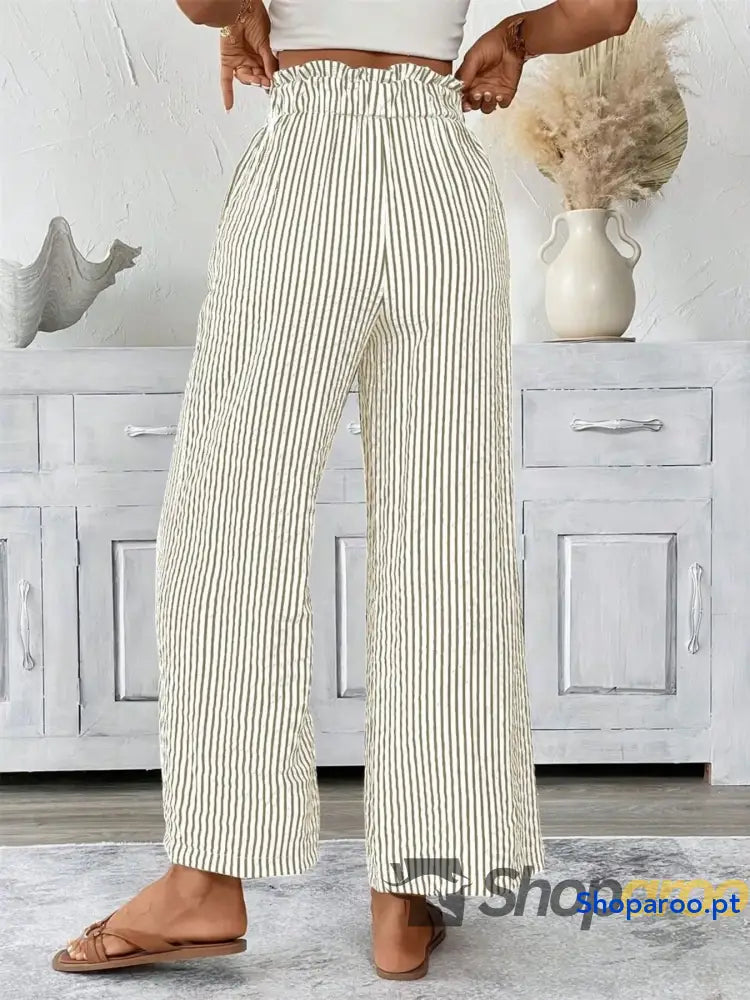 Full Size Striped Wide Leg Paper Bag Pants Plus