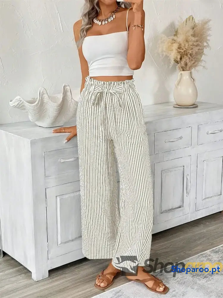 Full Size Striped Wide Leg Paper Bag Pants Plus