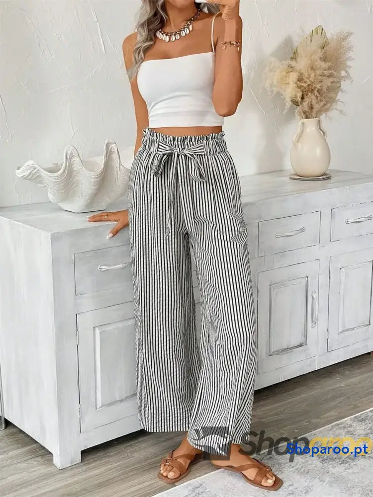 Full Size Striped Wide Leg Paper Bag Pants Plus