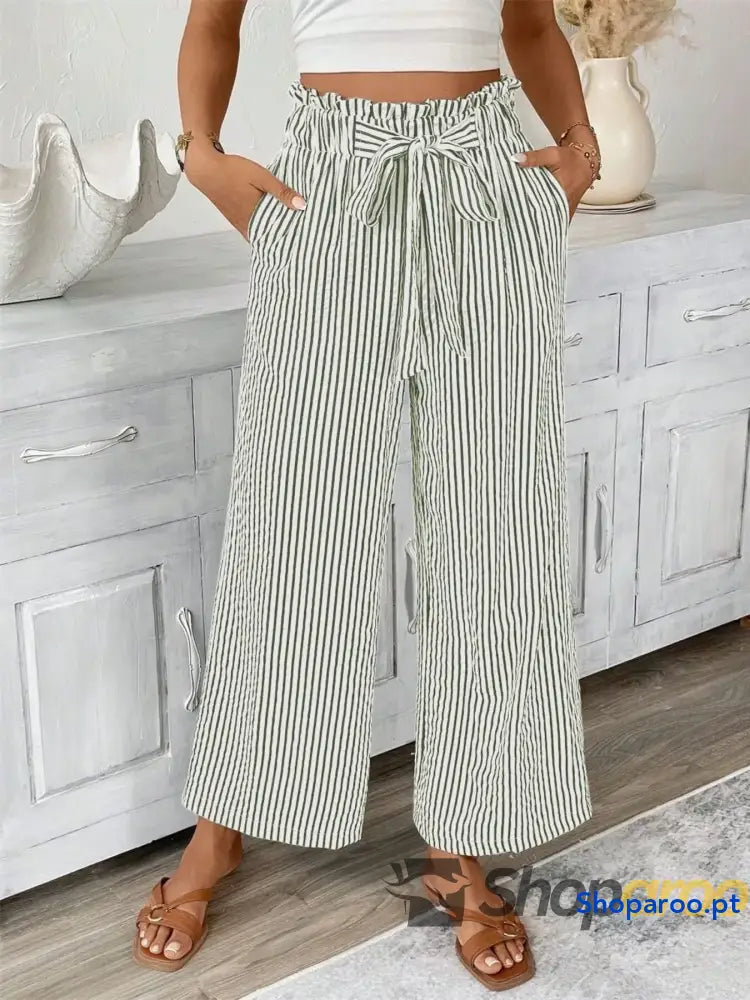 Full Size Striped Wide Leg Paper Bag Pants Plus