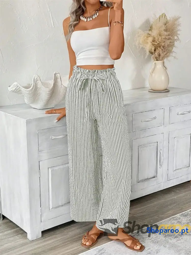 Full Size Striped Wide Leg Paper Bag Pants Plus