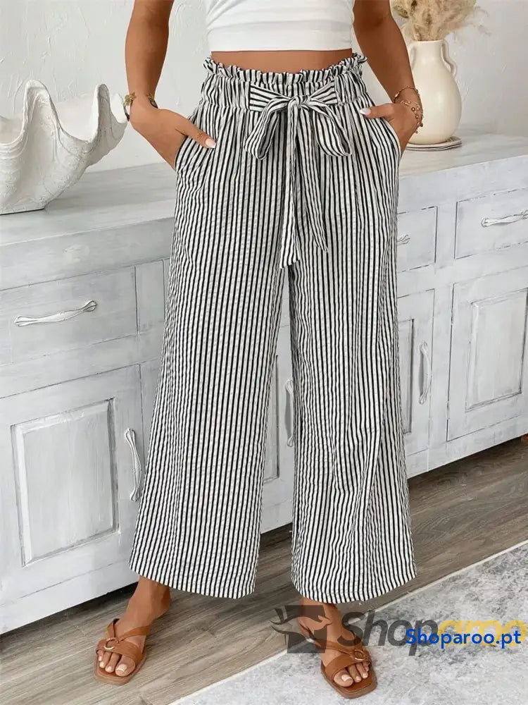 Full Size Striped Wide Leg Paper Bag Pants Plus