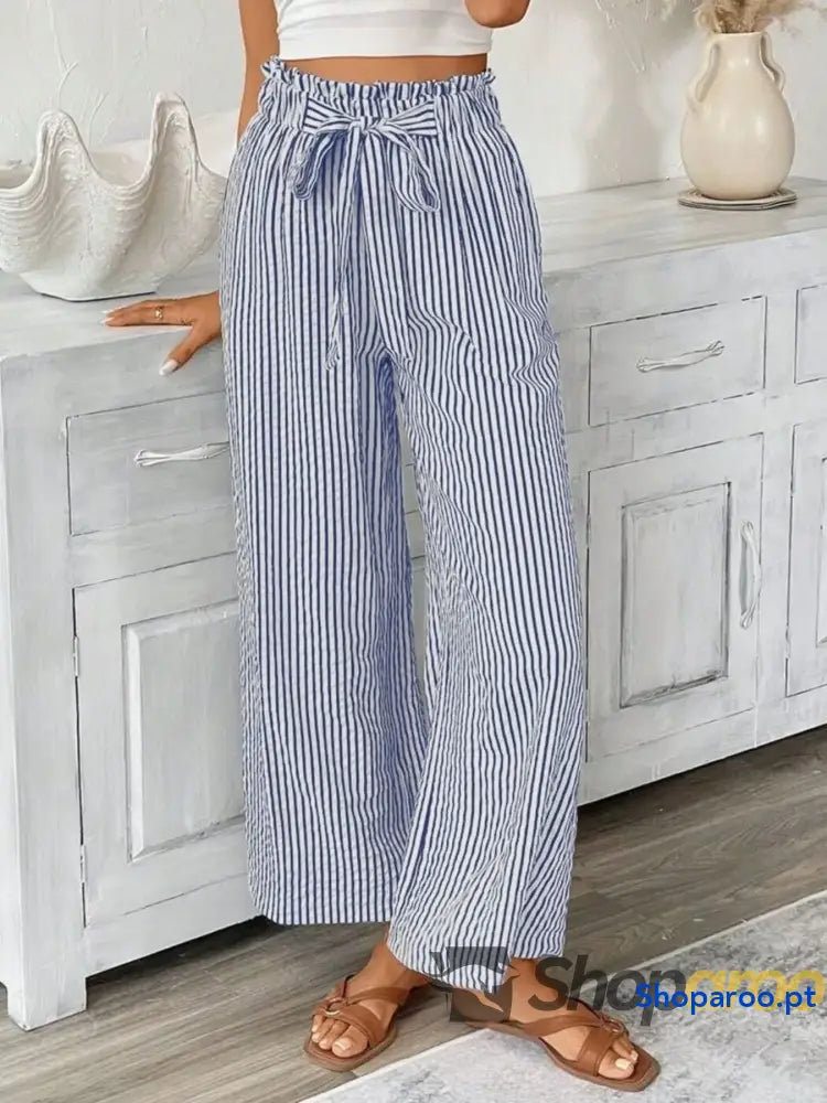 Full Size Striped Wide Leg Paper Bag Pants Plus