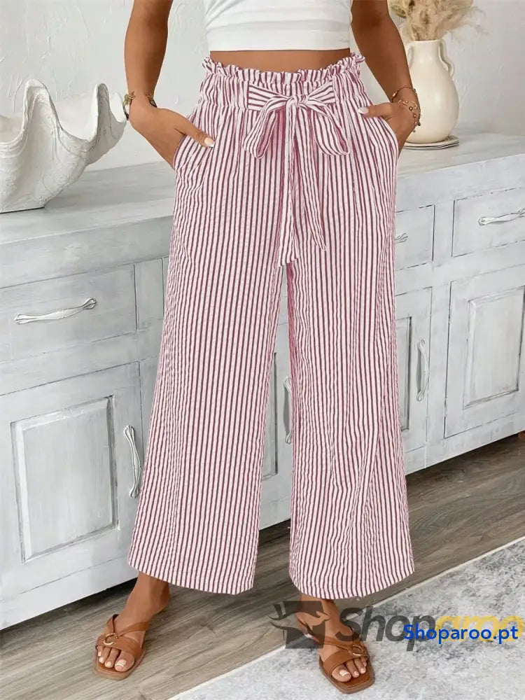 Full Size Striped Wide Leg Paper Bag Pants Plus