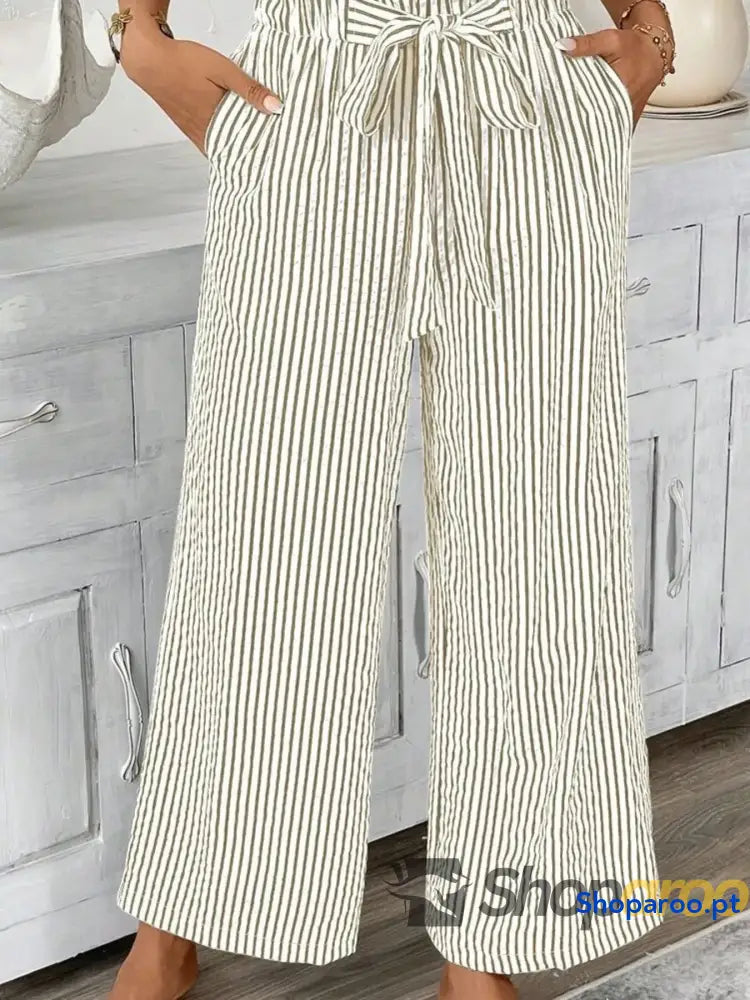 Full Size Striped Wide Leg Paper Bag Pants Plus