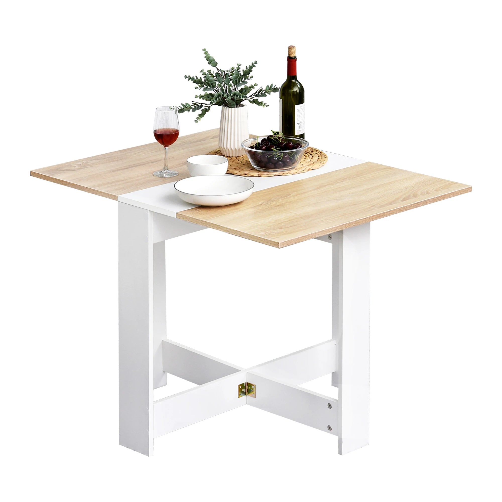 Mesa Sala de Jantar Dobrável Madeira e Branco Laterais Abatíveis