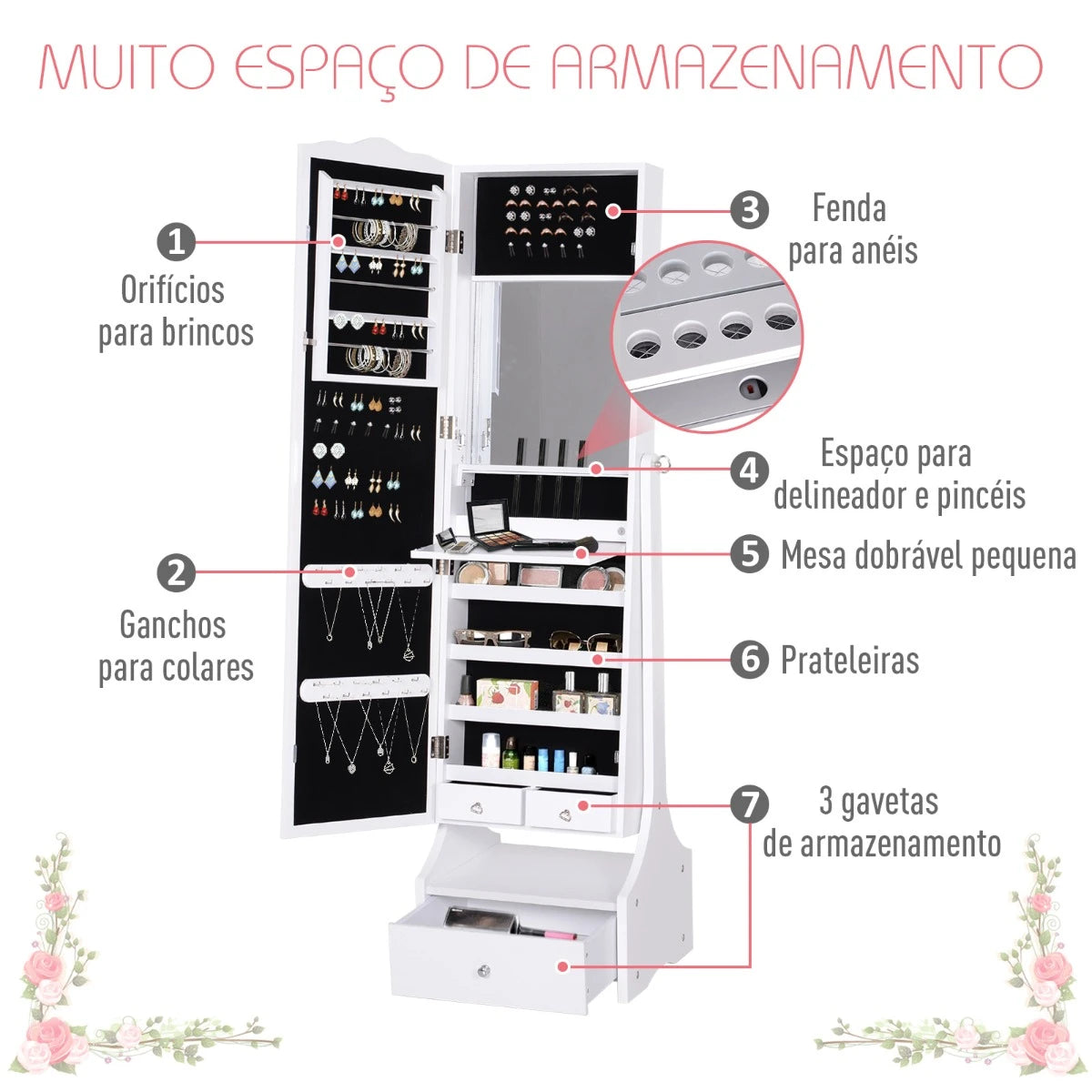 Armário de joias de pé com espelho de joalheiro e luzes LED