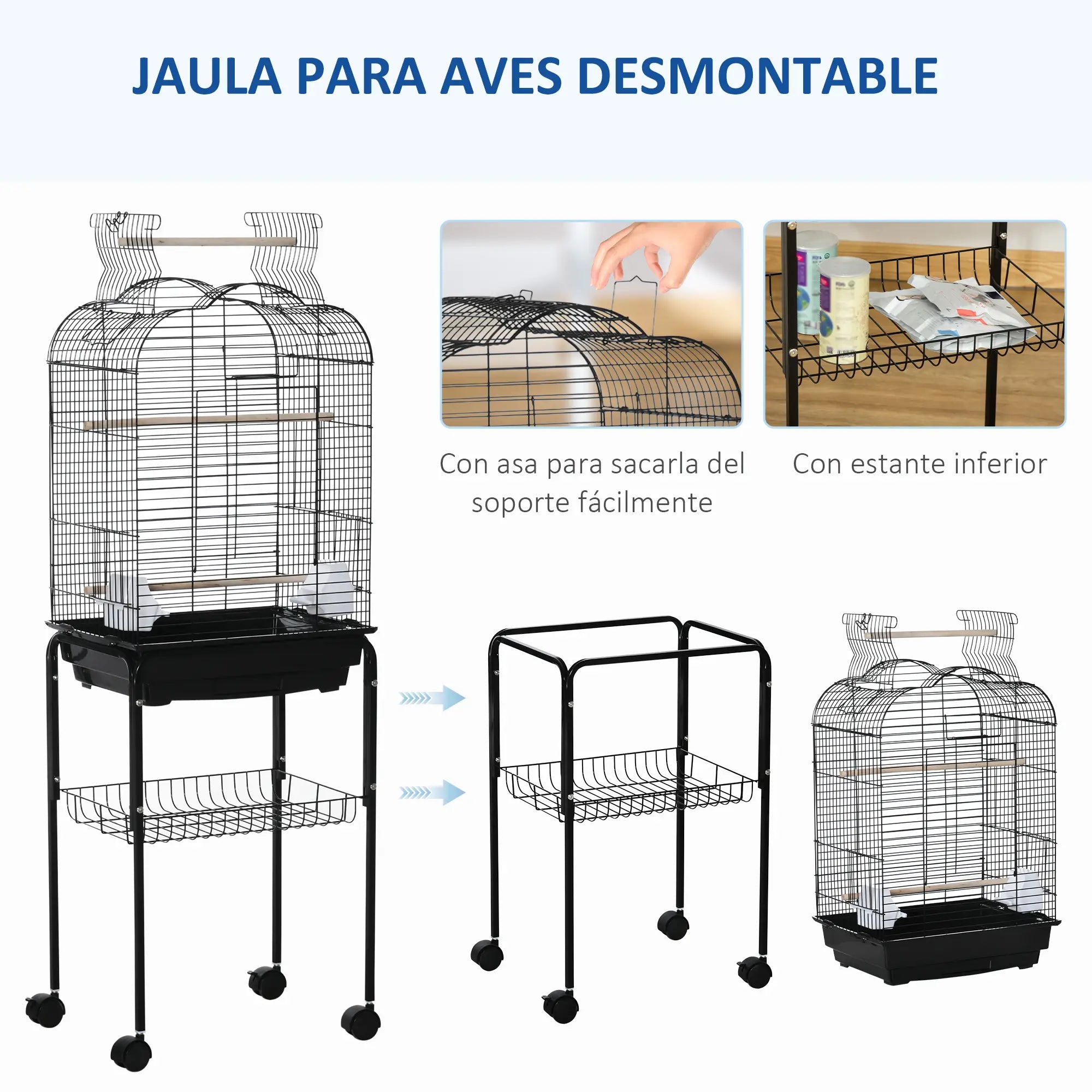Birdcage with wheels, support, and accessories, black, 130cm