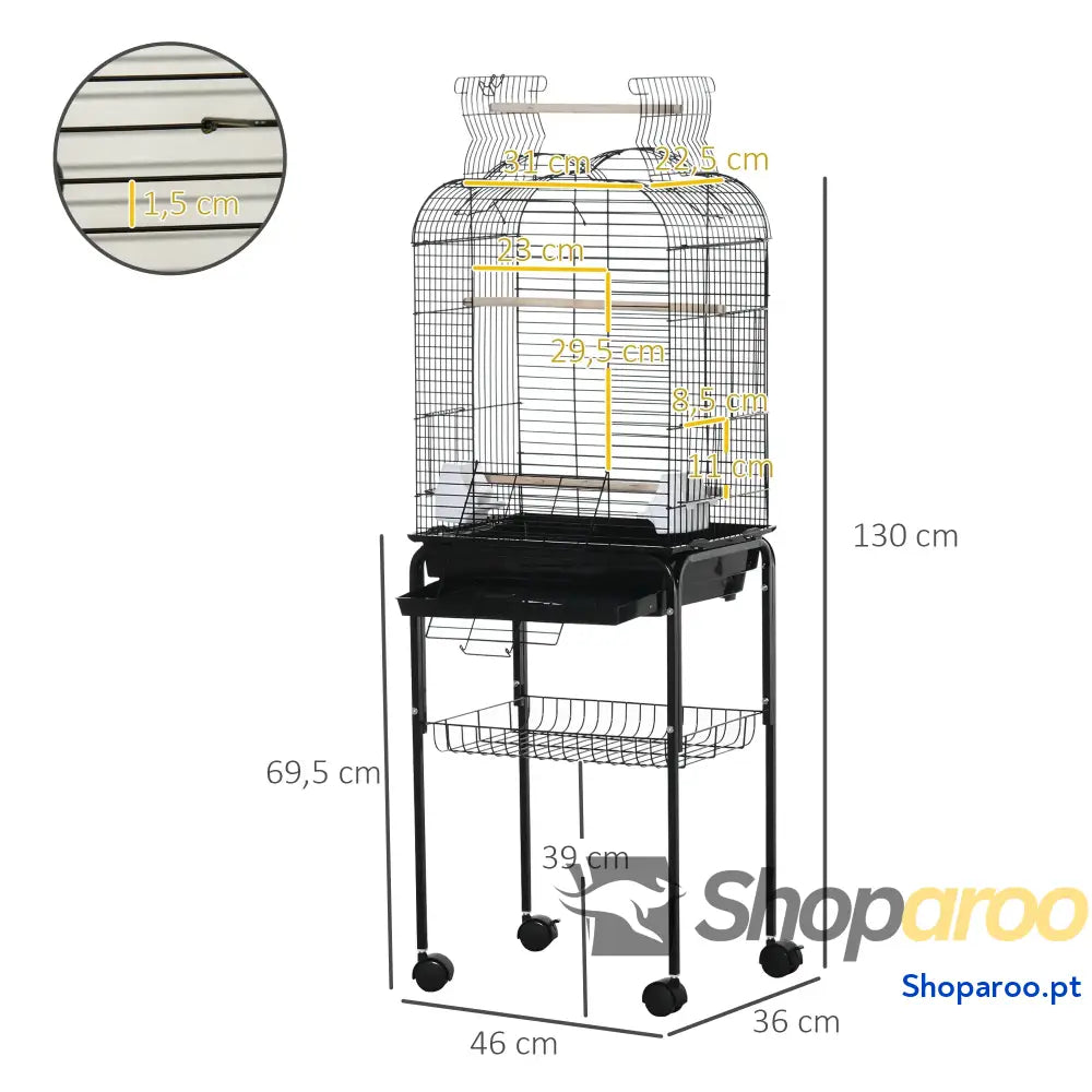 Gaiola para Passáros com Rodas Suporte e Acessórios Preto 130cm