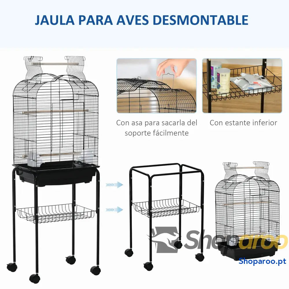 Gaiola para Passáros com Rodas Suporte e Acessórios Preto 130cm