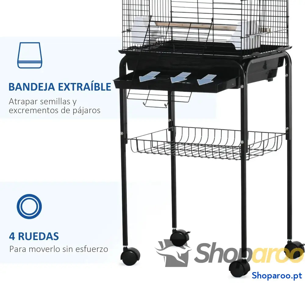 Gaiola para Passáros com Rodas Suporte e Acessórios Preto 130cm