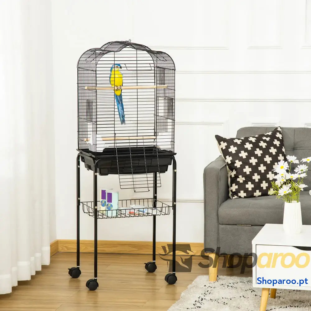 Gaiola para Passáros com Rodas Suporte e Acessórios Preto 130cm