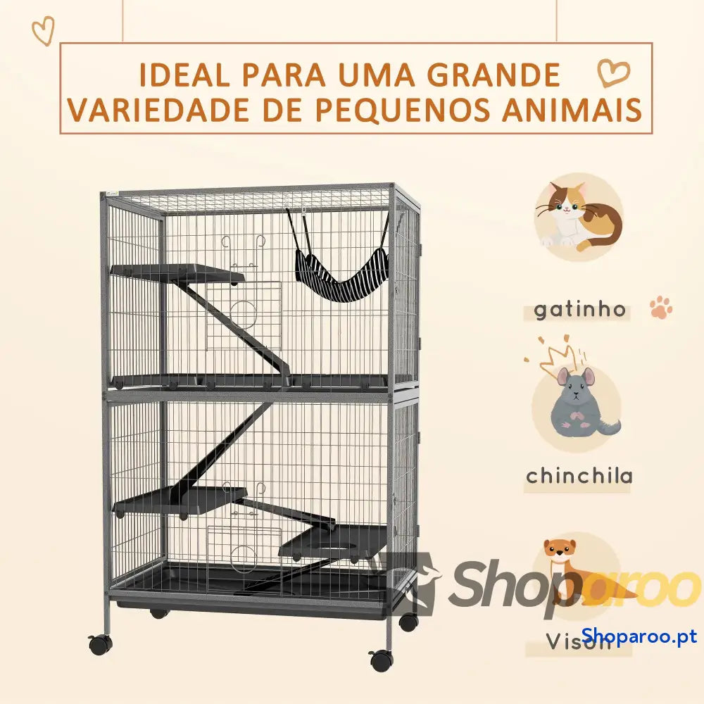 Gaiola para Roedores 80x52x128 cm com Rodas e 4 Níveis Cinza Escuro