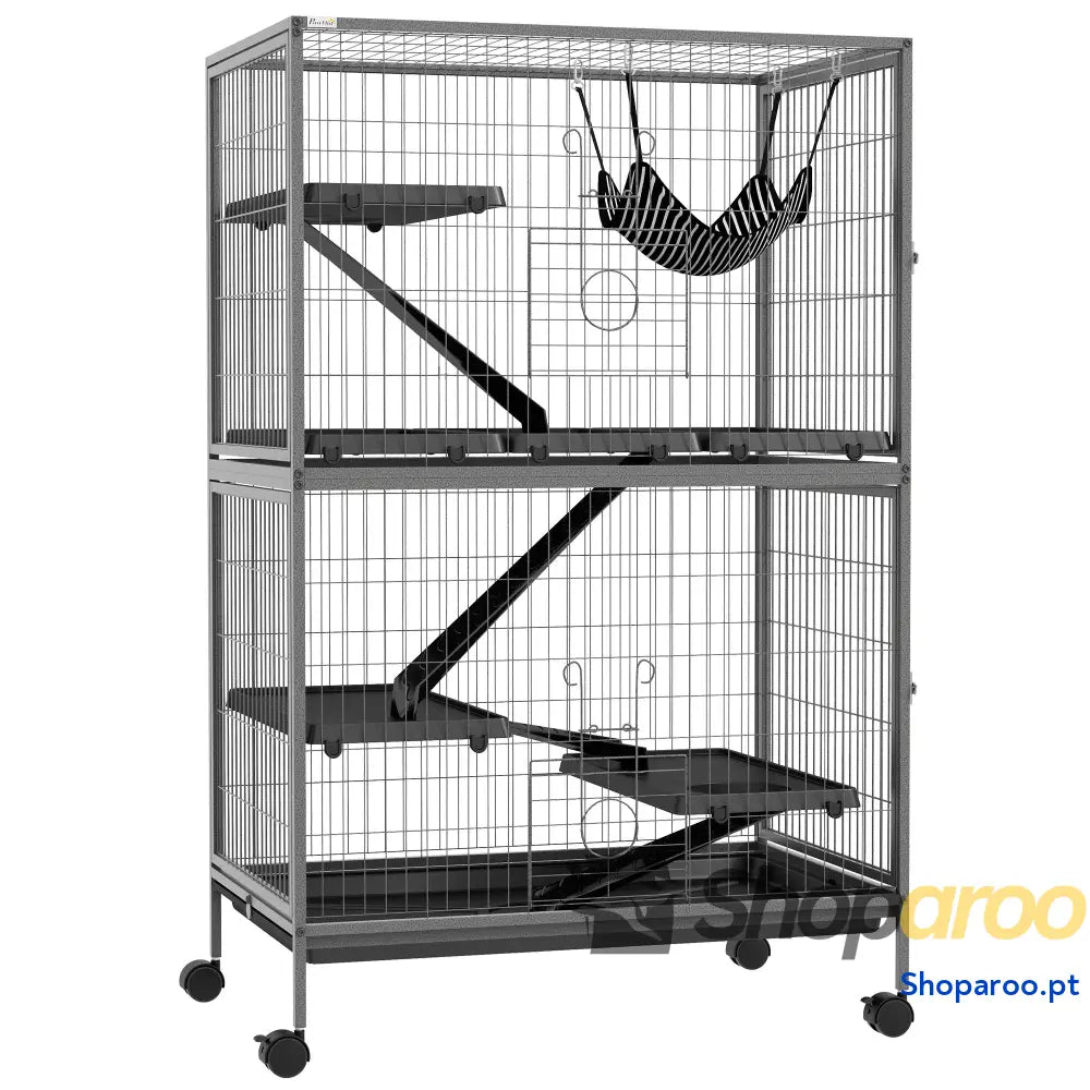 Gaiola para Roedores 80x52x128 cm com Rodas e 4 Níveis Cinza Escuro