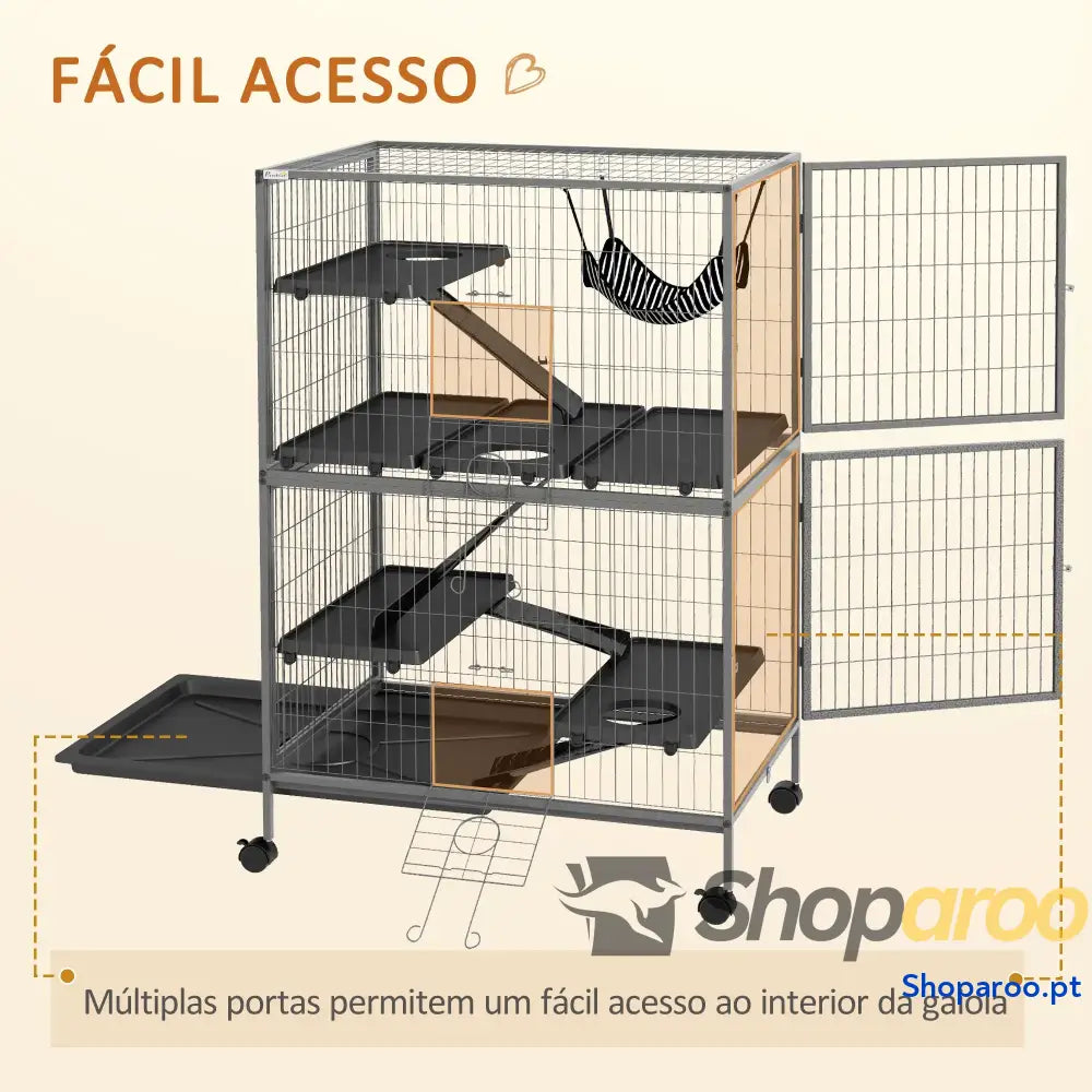 Gaiola para Roedores 80x52x128 cm com Rodas e 4 Níveis Cinza Escuro
