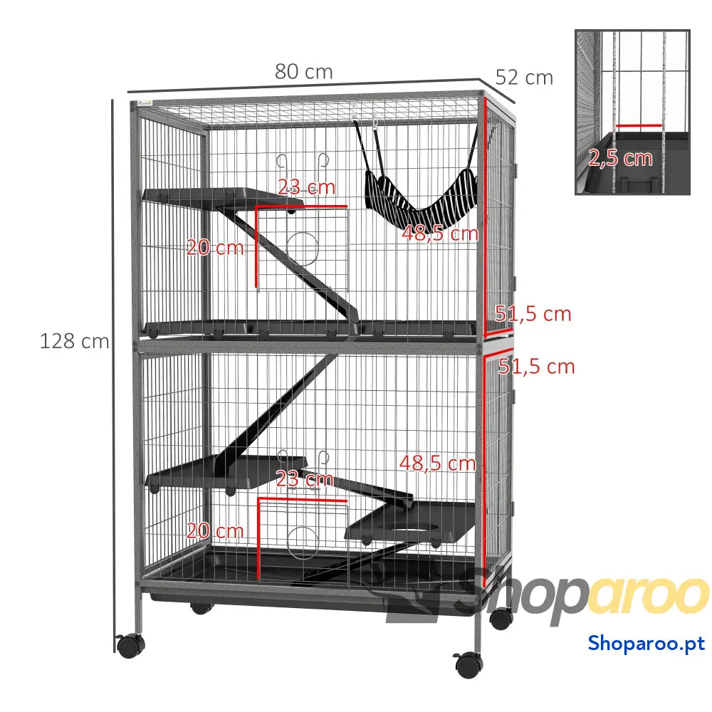 Gaiola para Roedores 80x52x128 cm com Rodas e 4 Níveis Cinza Escuro