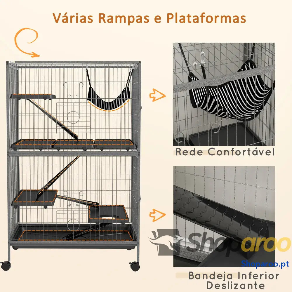 Gaiola para Roedores 80x52x128 cm com Rodas e 4 Níveis Cinza Escuro