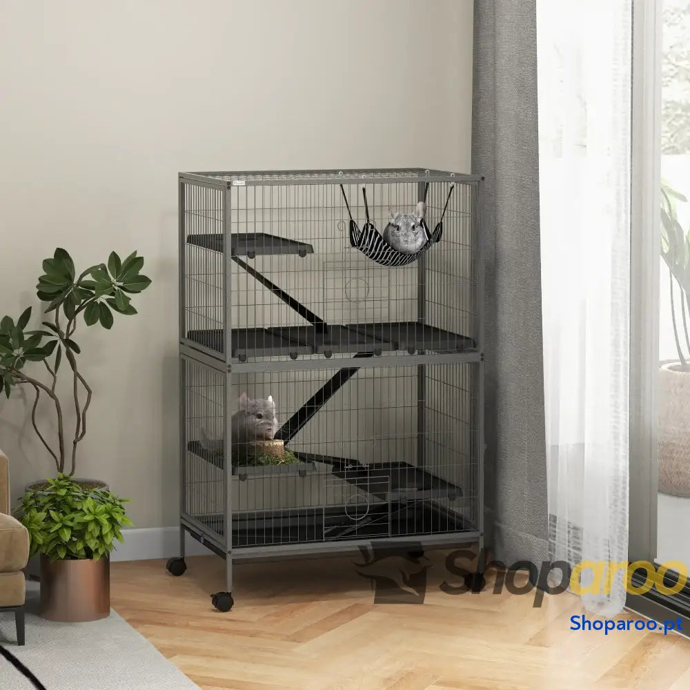 Gaiola para Roedores 80x52x128 cm com Rodas e 4 Níveis Cinza Escuro