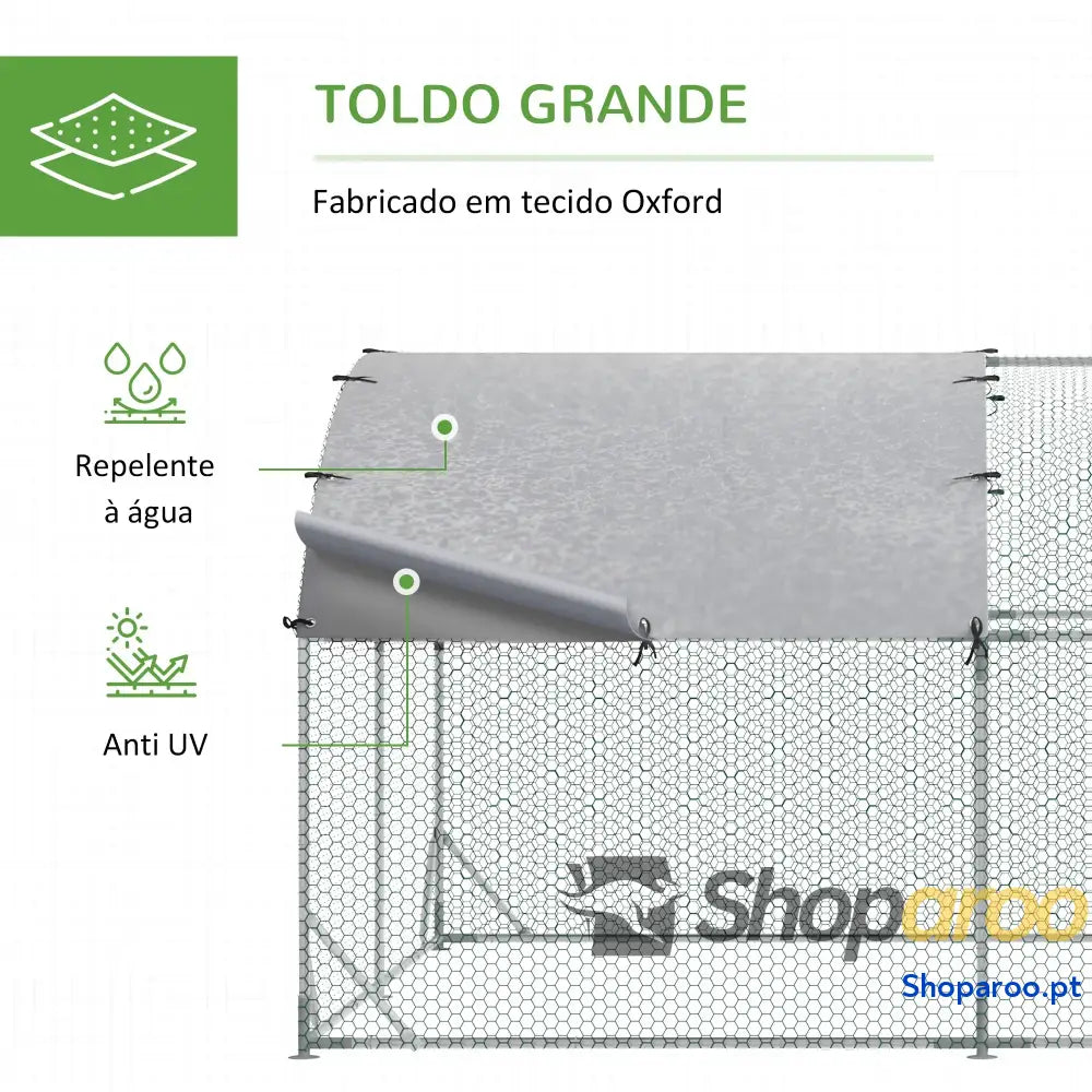 Galinheiro para Exterior 16-24 Galinhas de Aço Galvanizado com Teto Tecido Oxford 2,8x7,60x1,97 m Prata