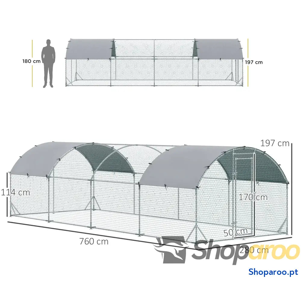 Galinheiro para Exterior 16-24 Galinhas de Aço Galvanizado com Teto Tecido Oxford 2,8x7,60x1,97 m Prata