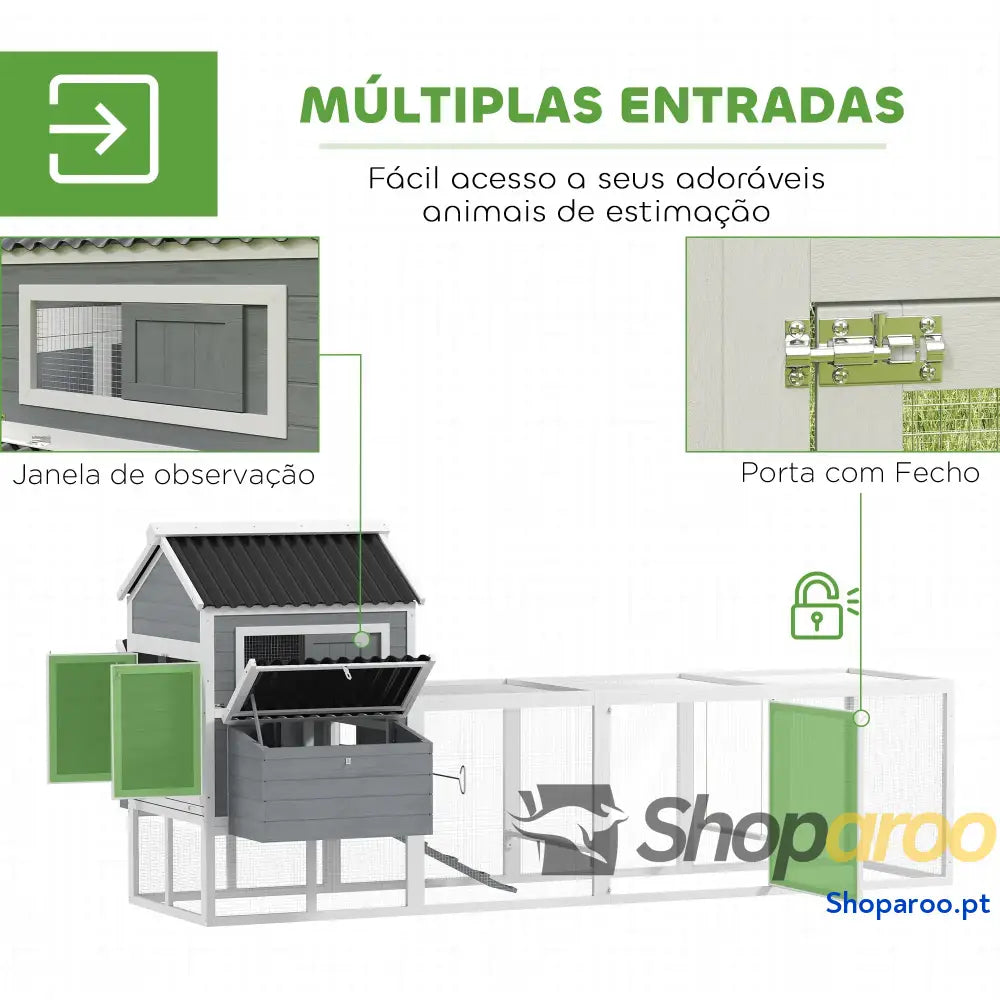 Galinheiro para Exterior de Madeira 10 15 Galinhas com Baloiço Perchas Bandeja Removível e Rampa 315,5x150,5x140,5 cm