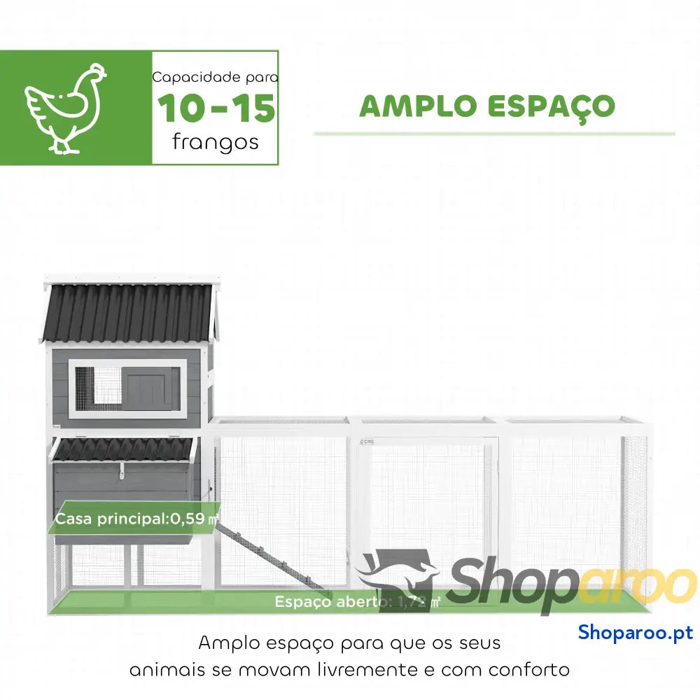 Galinheiro para Exterior de Madeira 10 15 Galinhas com Baloiço Perchas Bandeja Removível e Rampa 315,5x150,5x140,5 cm