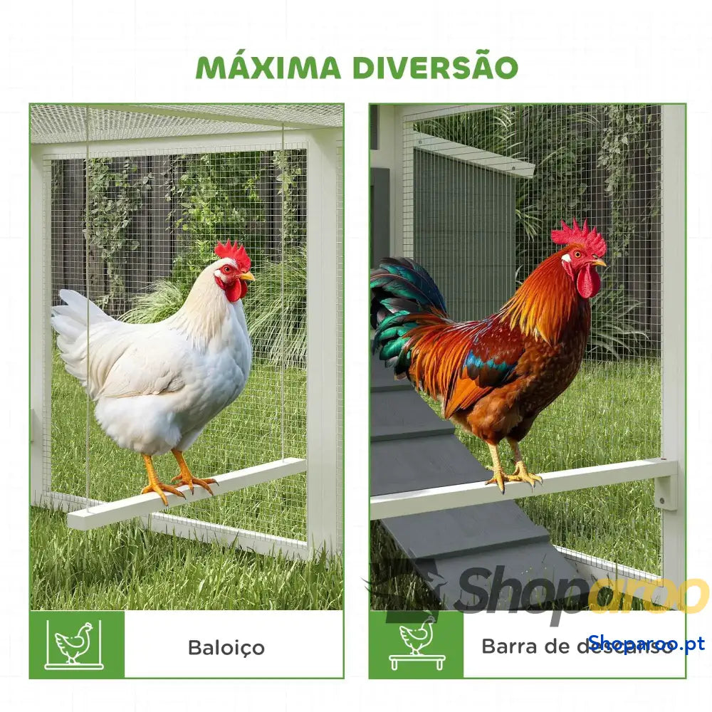 Galinheiro para Exterior de Madeira 10 15 Galinhas com Baloiço Perchas Bandeja Removível e Rampa 315,5x150,5x140,5 cm