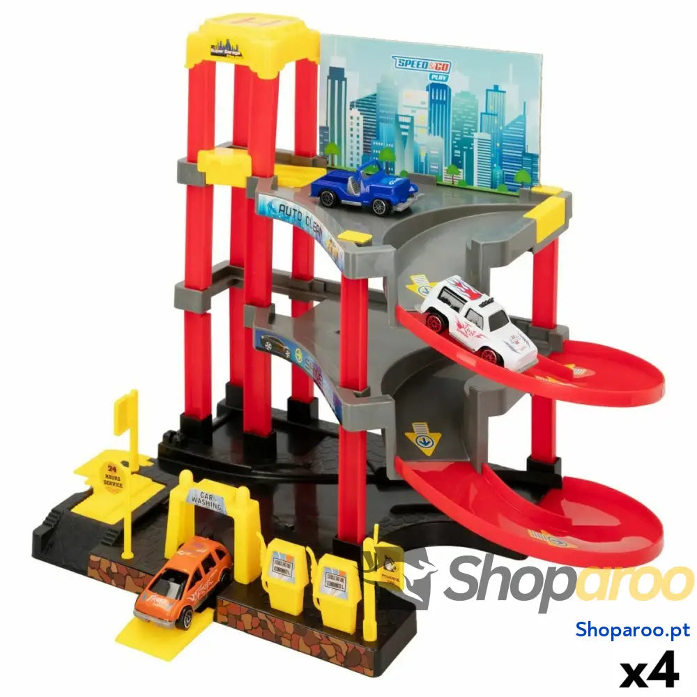 Garagem Parking com Veículos Speed & Go 37 x 29 x 25 cm (4 Unidades)