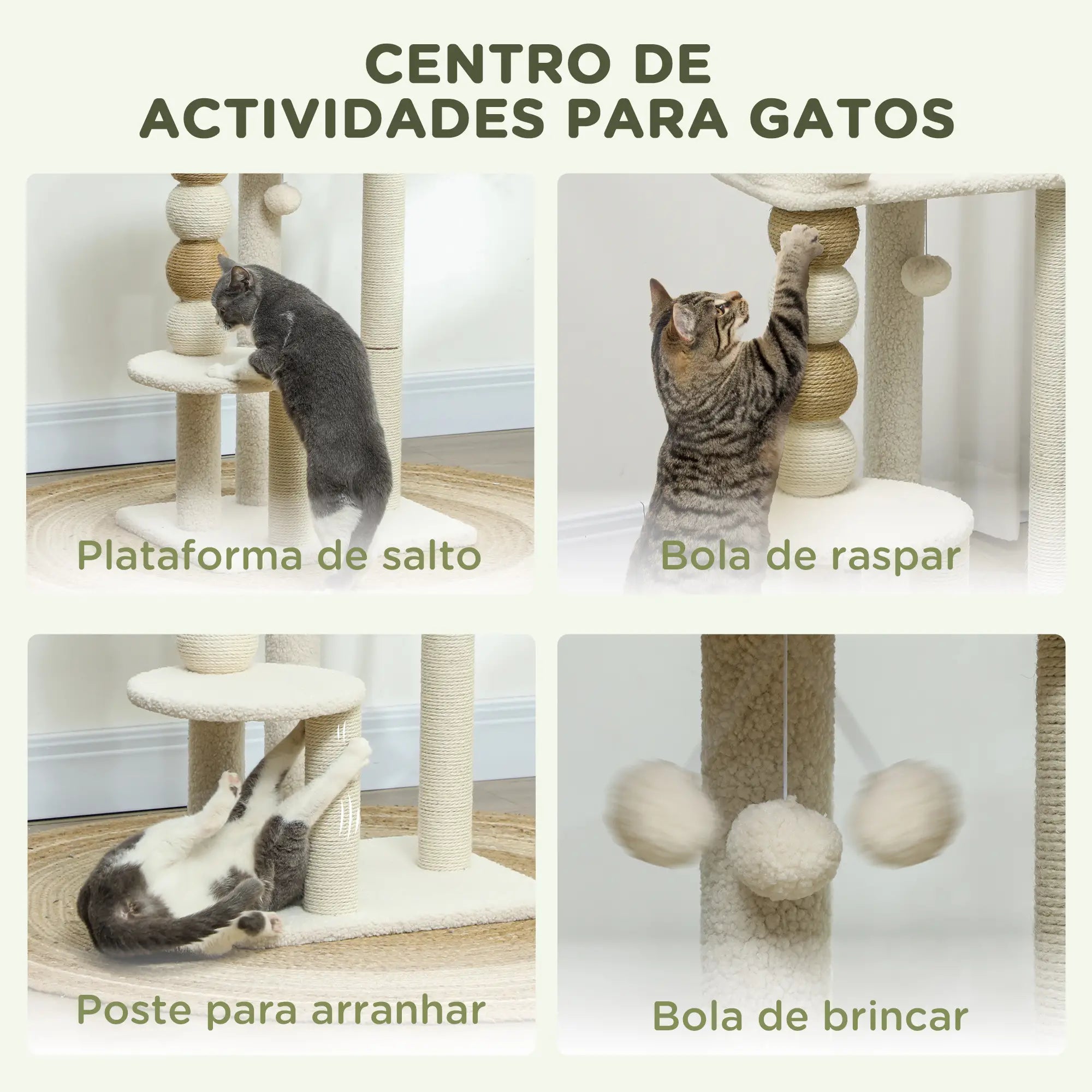Arranhador para Gatos Arranhador para Gatos com Estofado em Borrego Plataformas Bola Suspensa e Poste de Juta 48,5x40x76 cm Bege