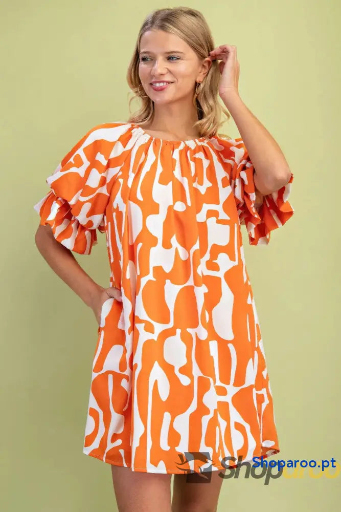 Mini vestido estampado geométrico com mangas balão