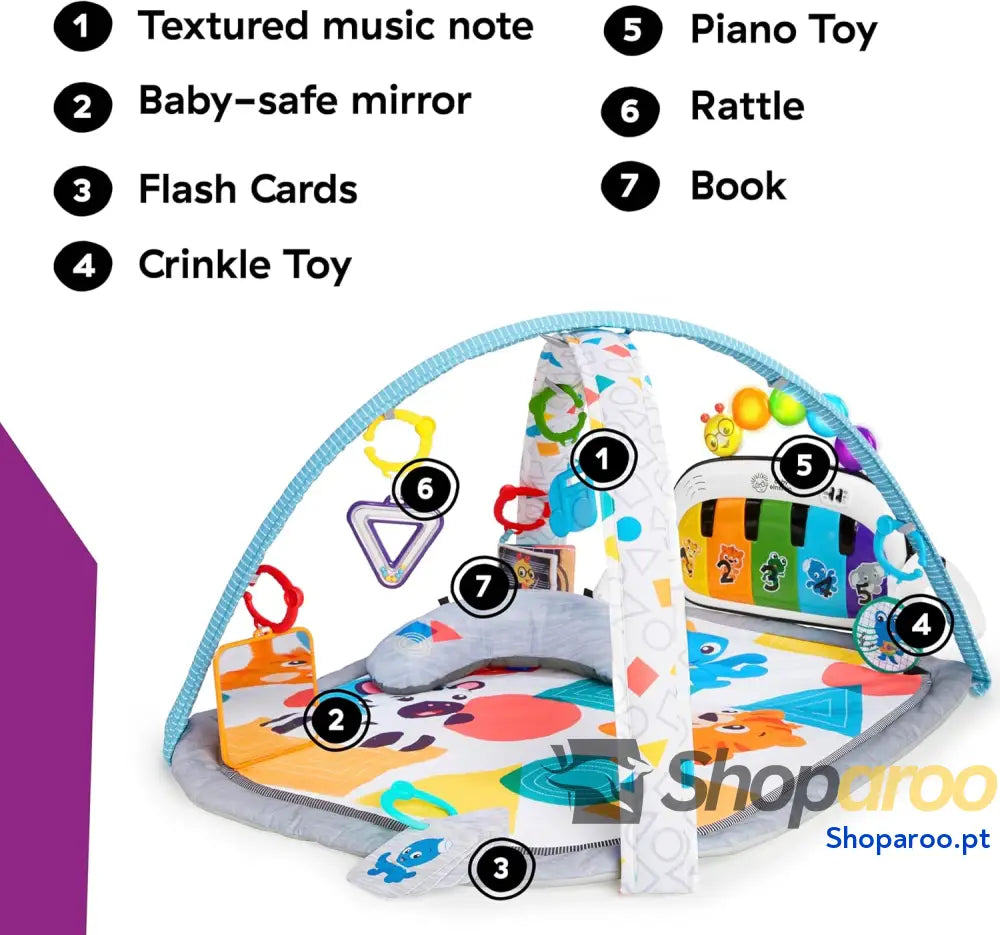 Ginásio musical para bebés 4 em 1 Kickin’ Tunes com piano mais de 70 sons 25 minutos música e luzes arco brincar 7