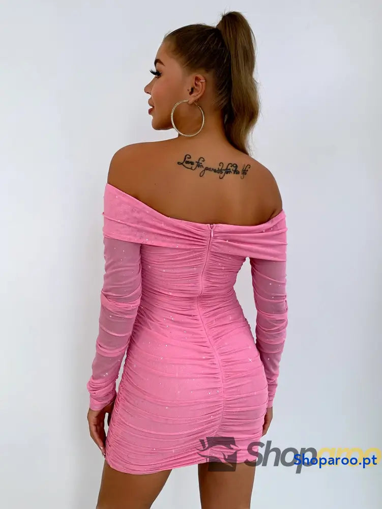 Glitter Ruched Off-Shoulder Long Sleeve Bodycon Dress