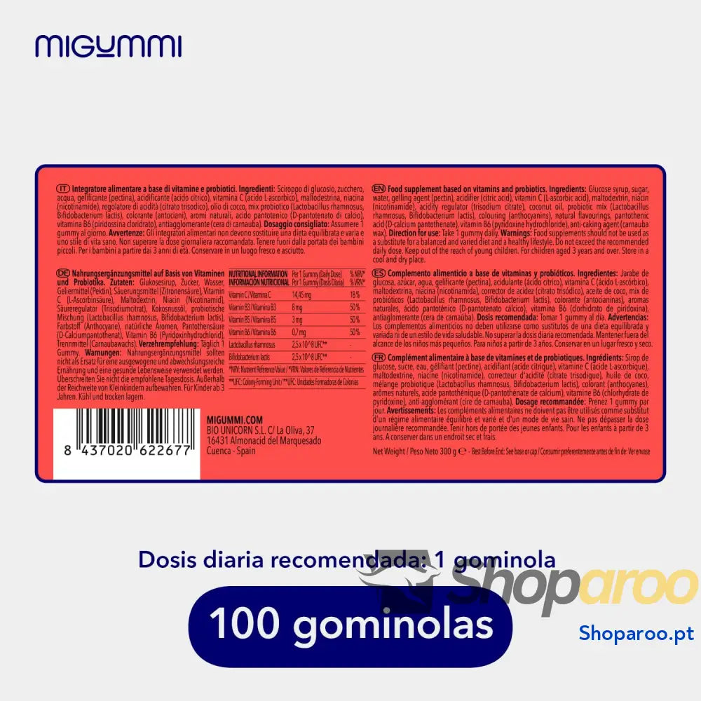 Gominolas probióticas para crianças 100 Gummies sabor natural cereja probióticos vitamina C B3 B5 e B6 Flora intestinal