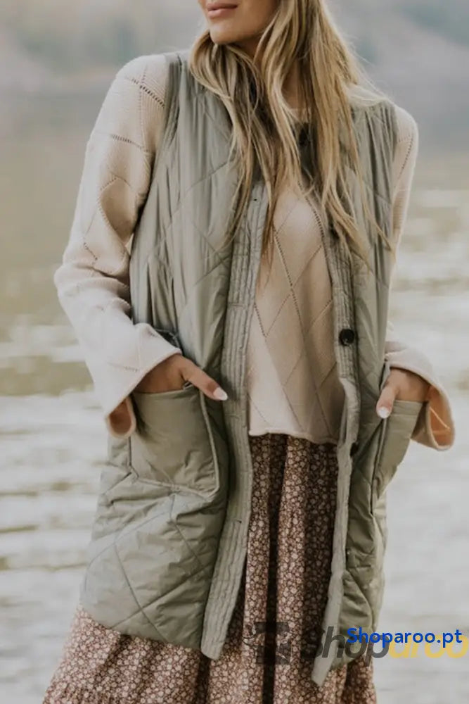 Grass Green Quilted Long Vest Jacket with Pockets
