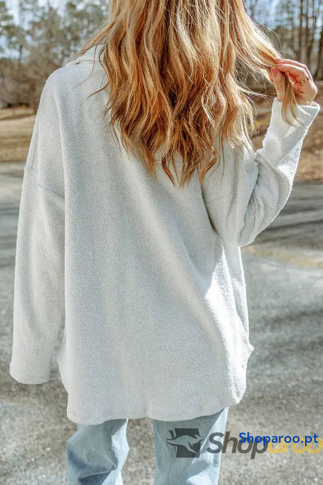 Gray Sequined Rugby Flap Pockets Buttoned Shacket
