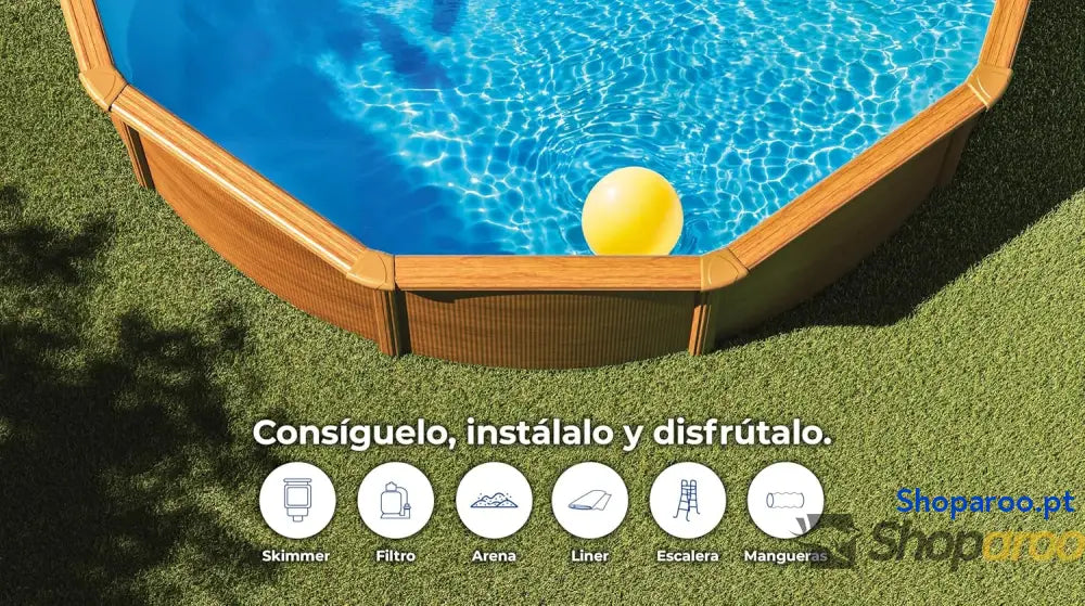 Gre KIT300W Piscina de aço elevada redonda com aspeto madeira piscinas removíveis para jardim 300 x 120 cm pacífico