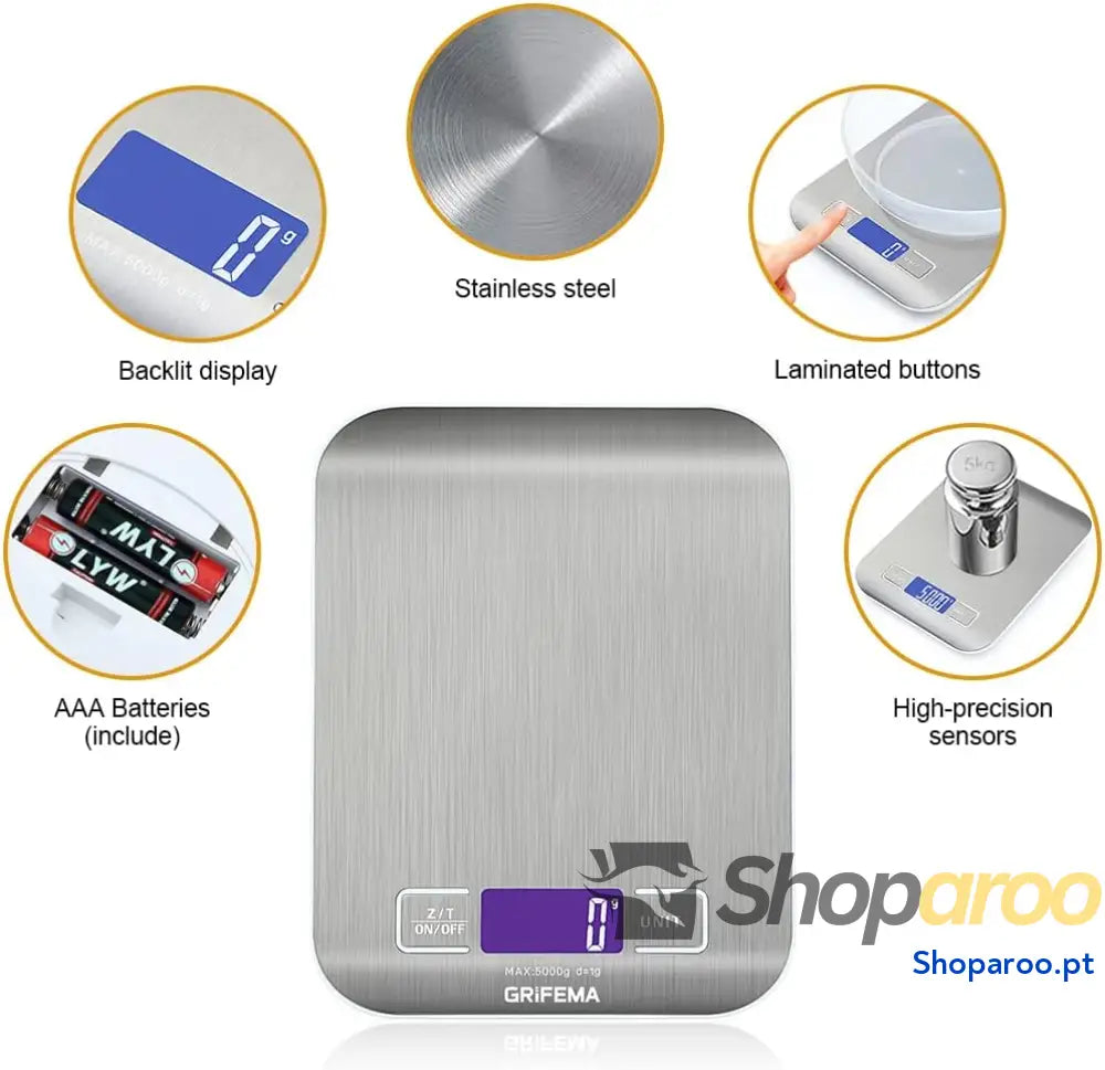 GRIFEMA GA2002 Balança de cozinha com ecrã LCD aço inoxidável balança alimentos multifuncional 5 kg/11 lbs cinzento: