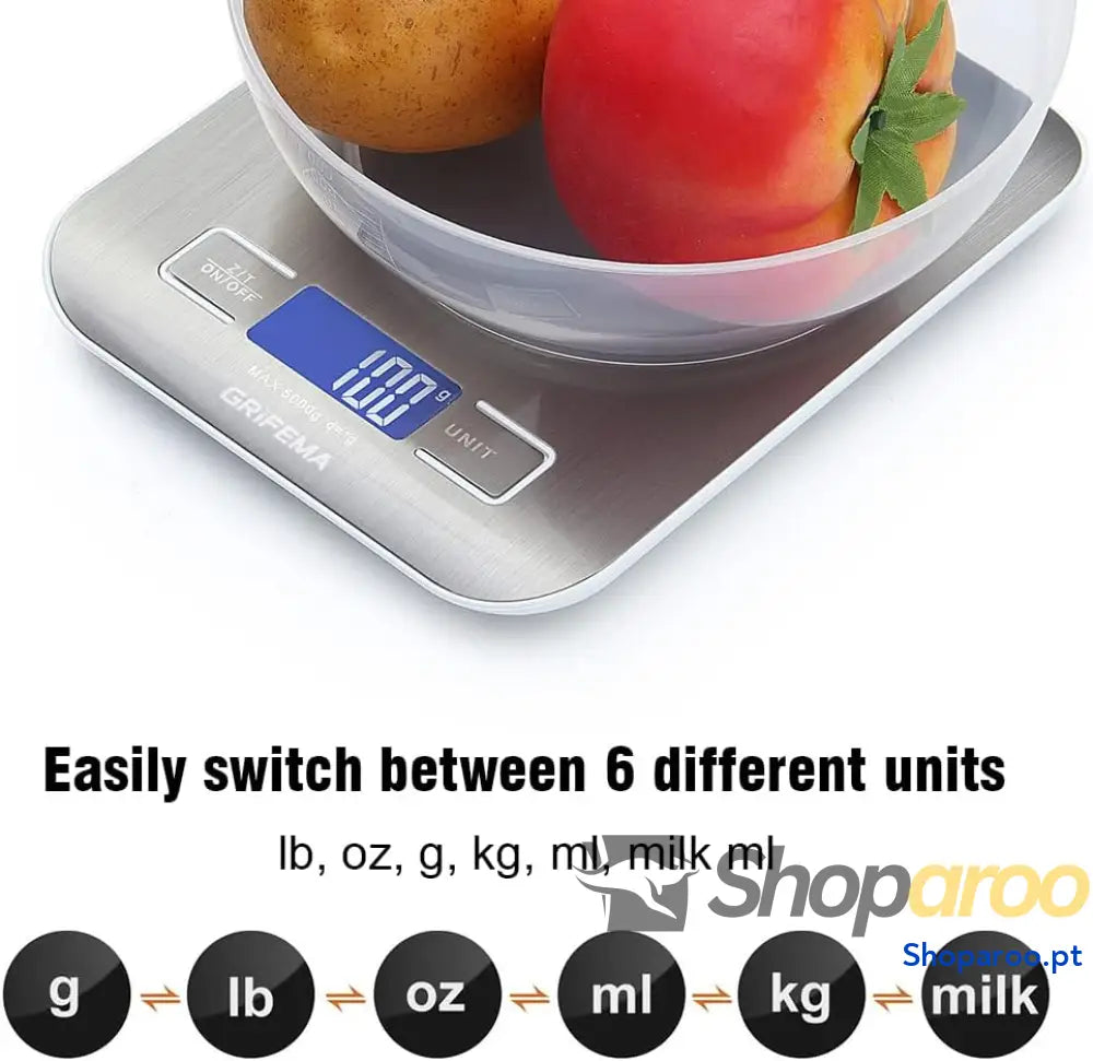 GRIFEMA GA2002 Balança de cozinha com ecrã LCD aço inoxidável balança alimentos multifuncional 5 kg/11 lbs cinzento: