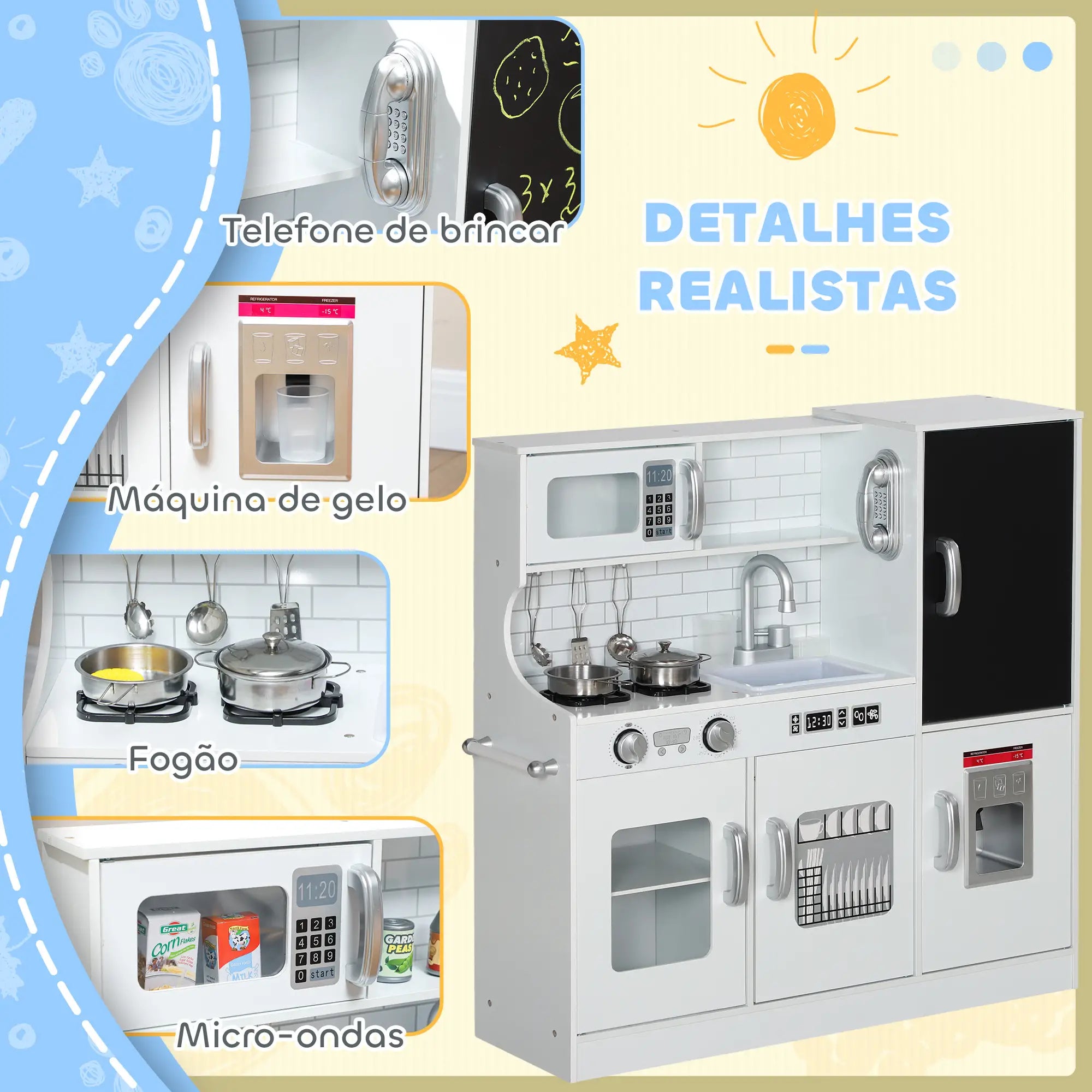 Cozinha de Brincar para Crianças acima de 3 anos Cozinha Infantil de Madeira com Acessórios Máquina de Gelo Ardósia e Telefone 83,8x26,8x81 cm Rosa