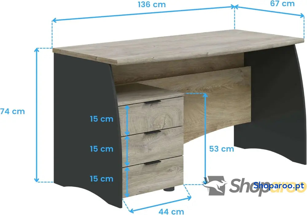Habitdesign Mesa de escritório com 3 gavetas mesa ou estúdio modelo Stil acabamento em cinzento antracite e carvalho