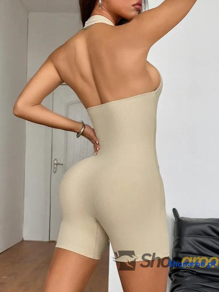 Halter Neck Ribbed Athletic Romper
