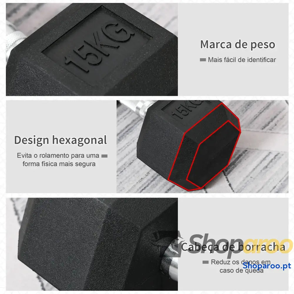 Haltere Hexagonal 15 kg com Barra Metálica para Ginásio e Casa