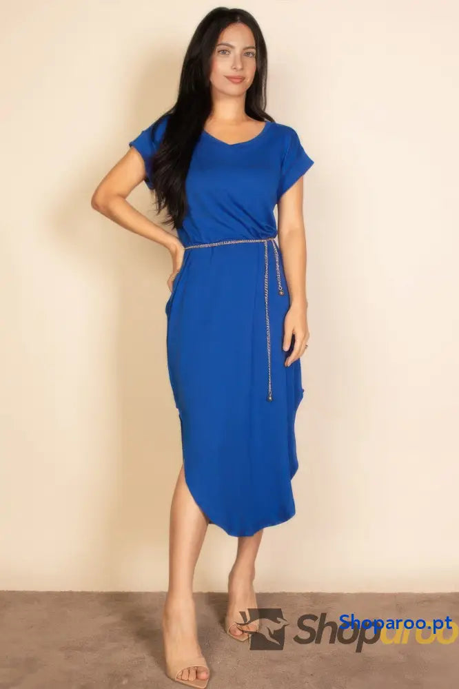 Vestido longo com mangas morcego e bolso oculto